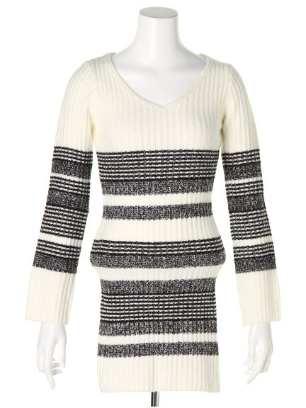 リブニットタイトボーダーワンピース