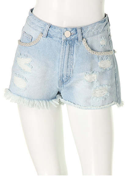 ラインビジューデニムショートパンツ