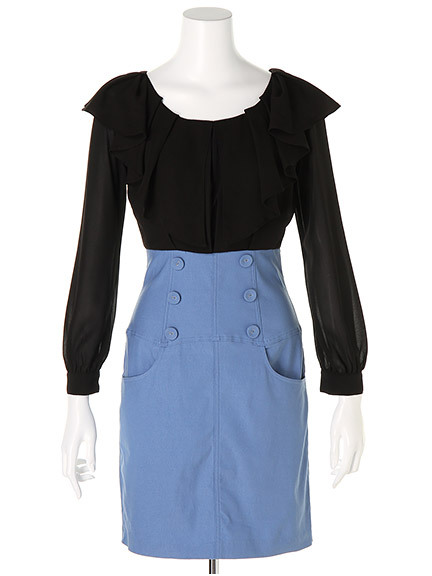 袖シフォンフリルブラウスドッキングワンピース