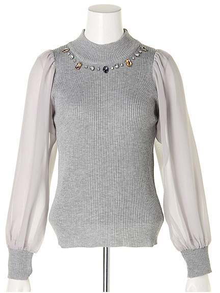 ビジュー付ハイネック袖シフォンリブニット